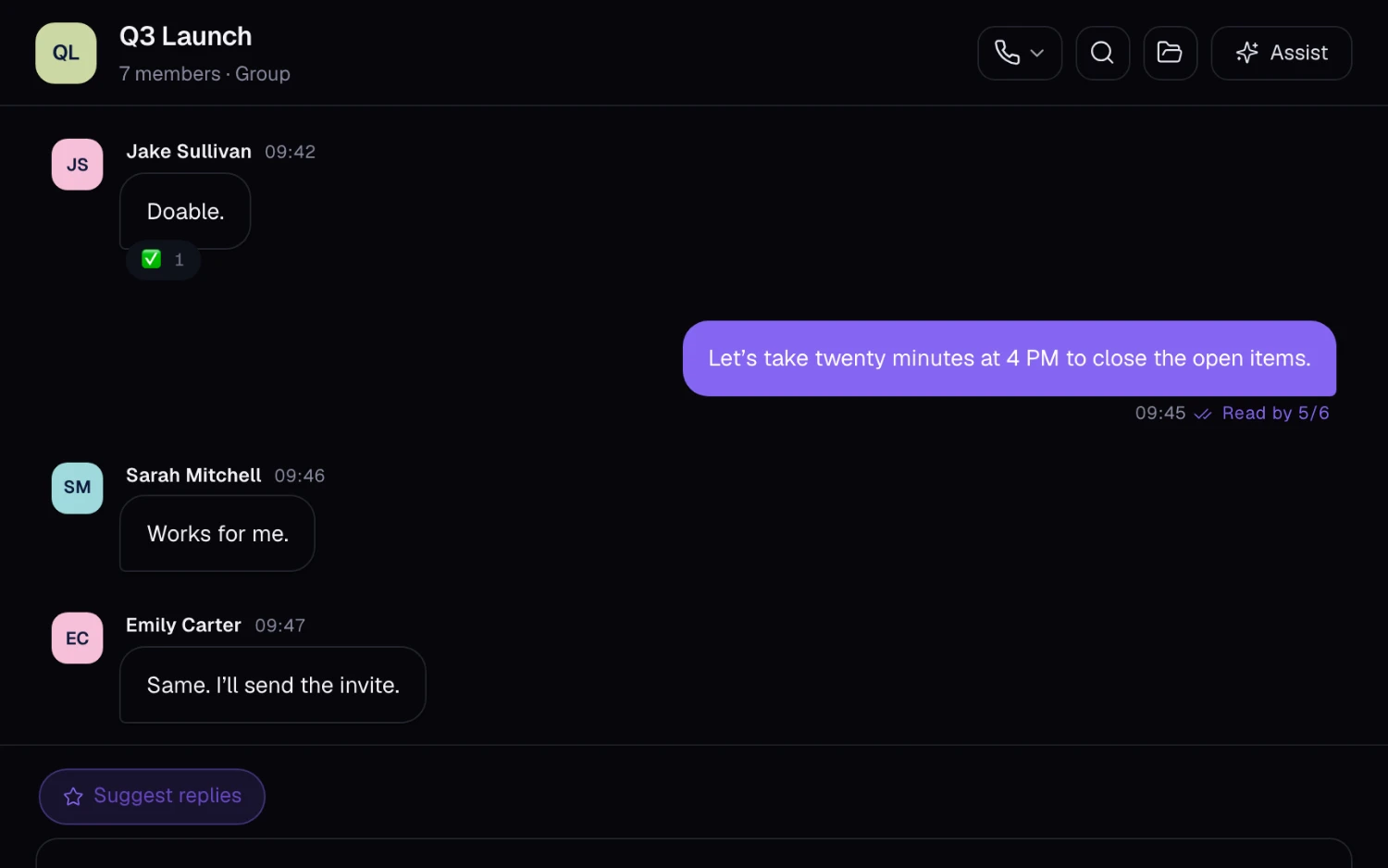 A team group chat in SphereOne with replies, a reaction and read receipts