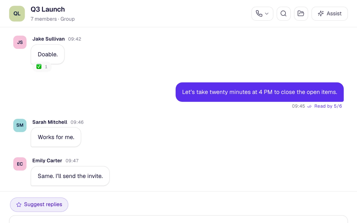 A team group chat in SphereOne with replies, a reaction and read receipts