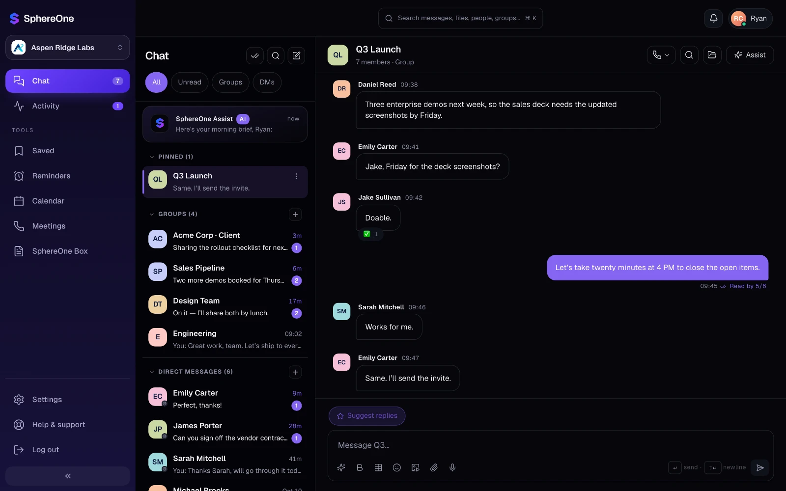The SphereOne app: a team group chat open next to the conversation list