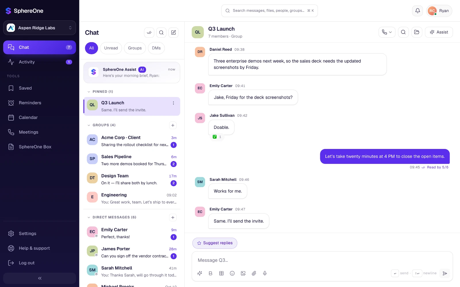 The SphereOne app: a team group chat open next to the conversation list