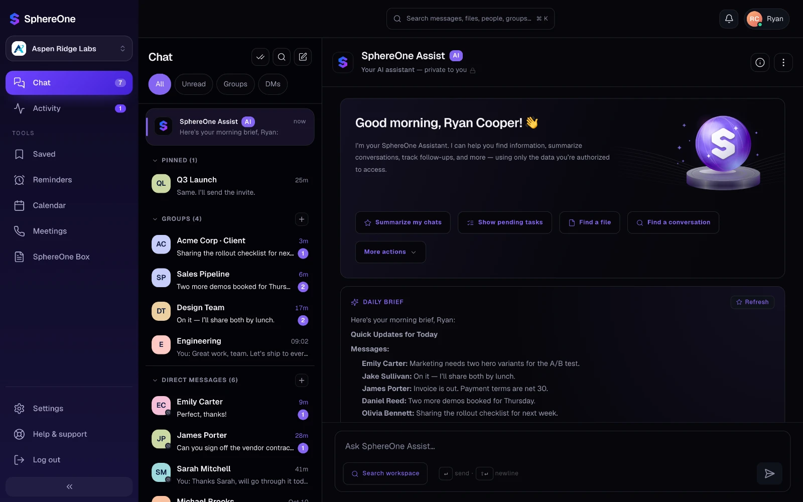 SphereOne Assist's home: a greeting, quick actions and the daily brief, beside the chat list
