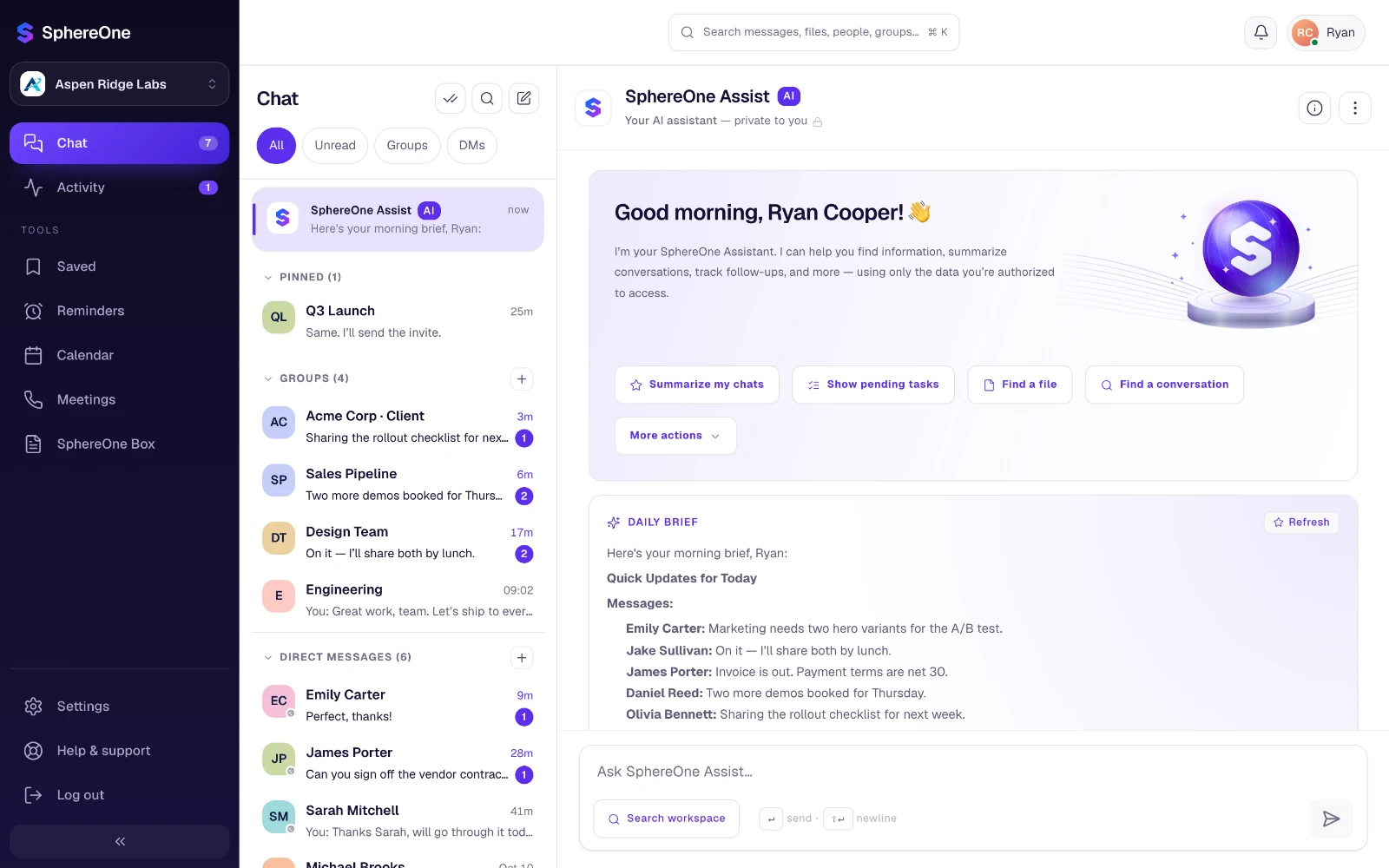 SphereOne Assist's home: a greeting, quick actions and the daily brief, beside the chat list